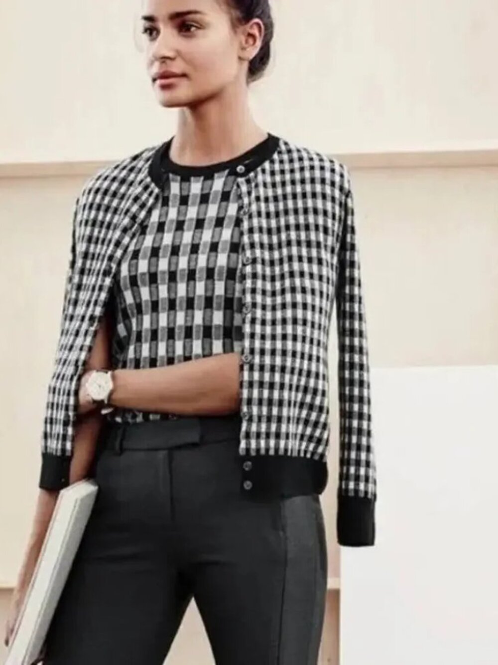 J. Crew Collection Black White Gingham Italian Cashmere Cardigan - Picture 1 of 5